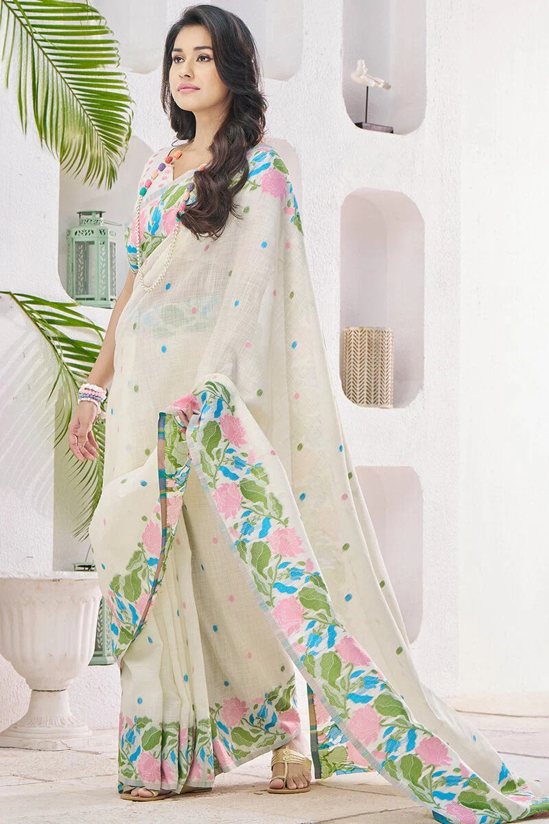 Off White Pure Soft Linen Silk Printed Saree