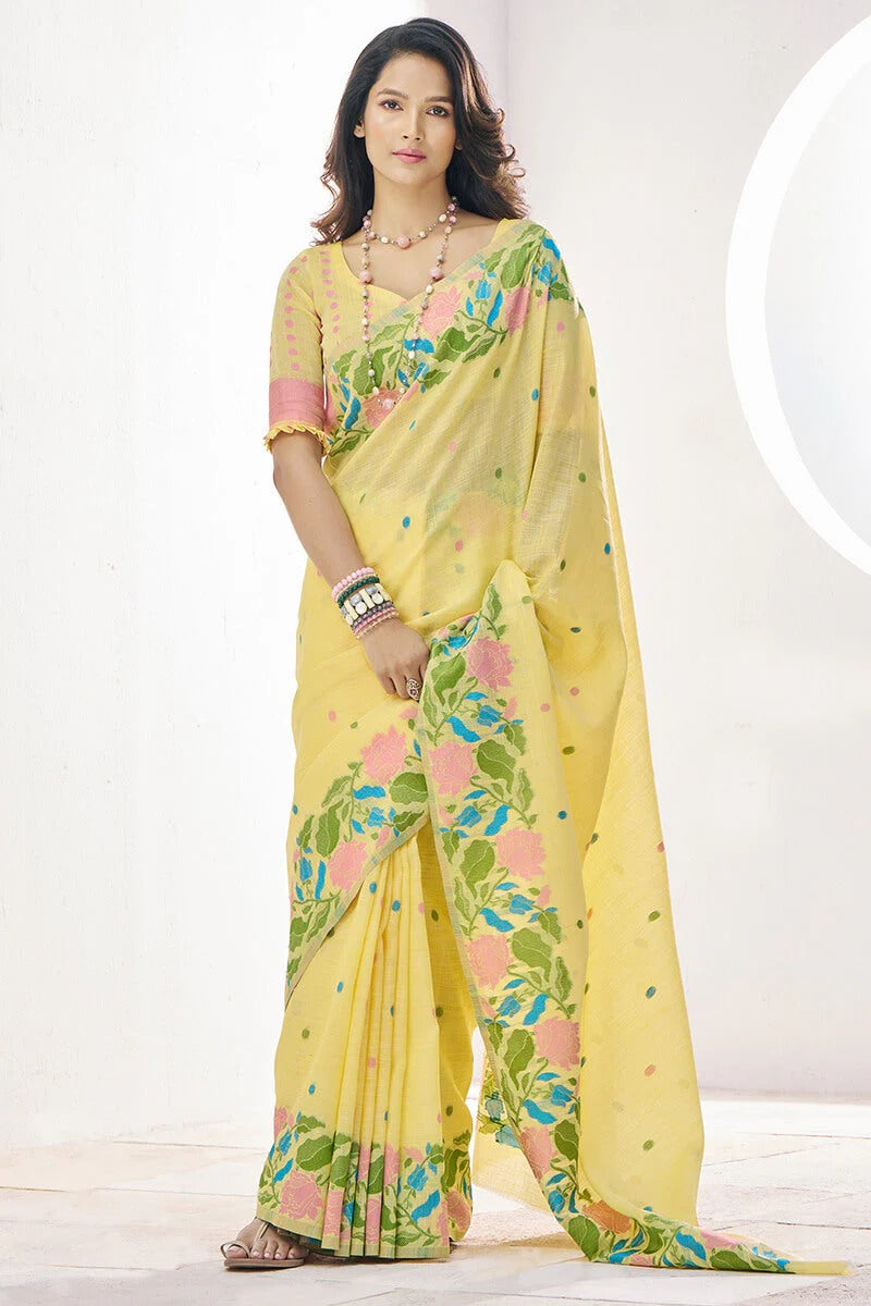 Light Yellow Pure Soft Linen Silk Printed Saree