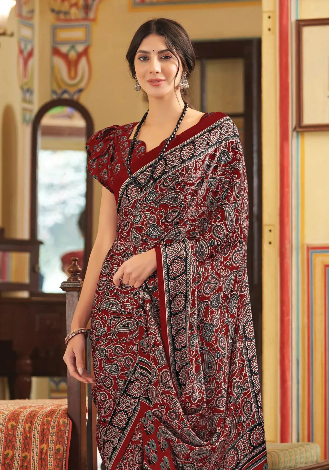 Dark Red New Ajrakh Printed Satin Crepe Saree