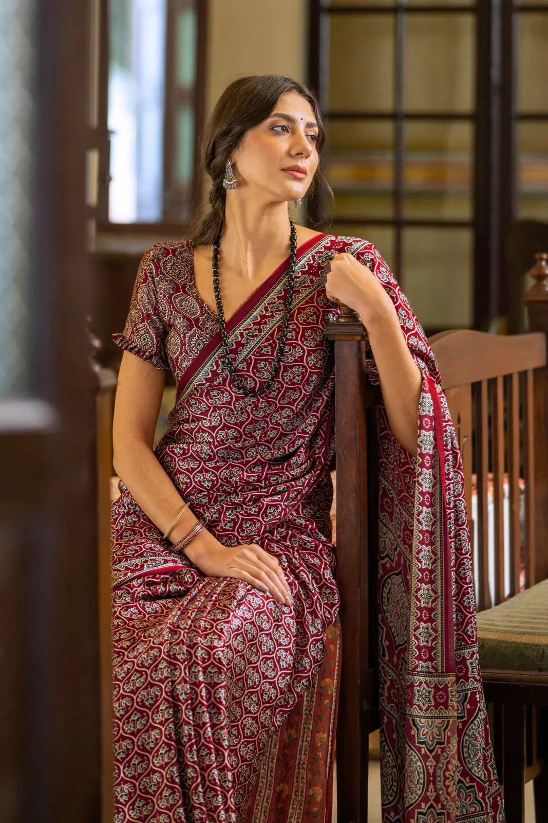 Maroon New Ajrakh Printed Satin Crepe Saree