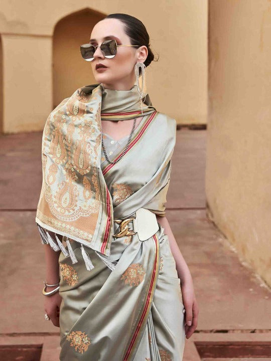 Stylish Grey Woven Satin Soft Silk Saree With Zari Weaving