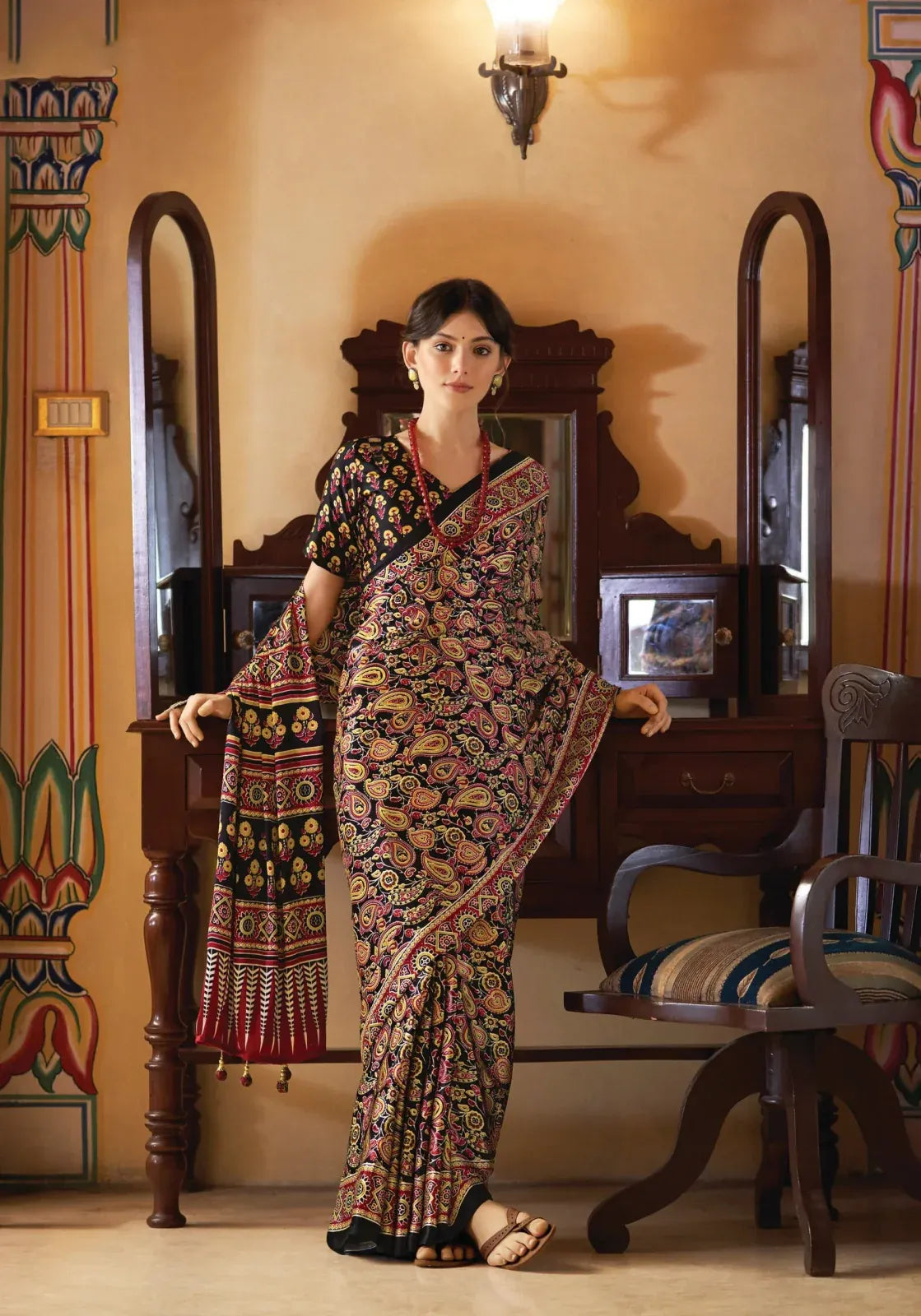 Full Black New Ajrakh Printed Satin Crepe Saree