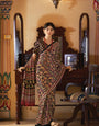 Full Black New Ajrakh Printed Satin Crepe Saree