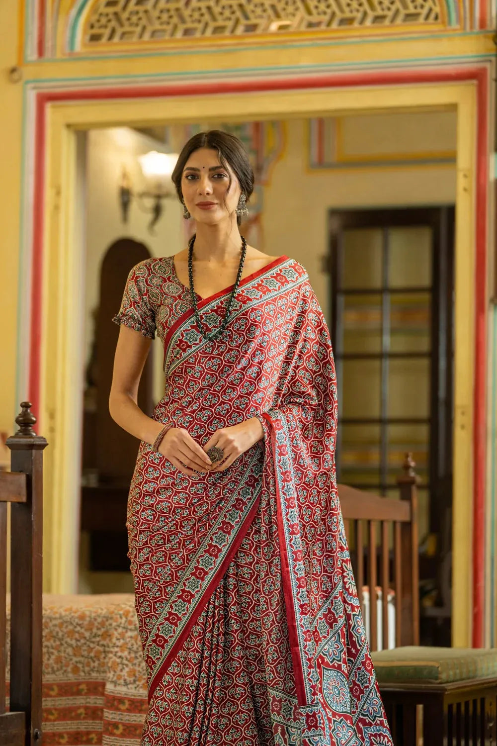 Maroon New Ajrakh Printed Satin Crepe Saree