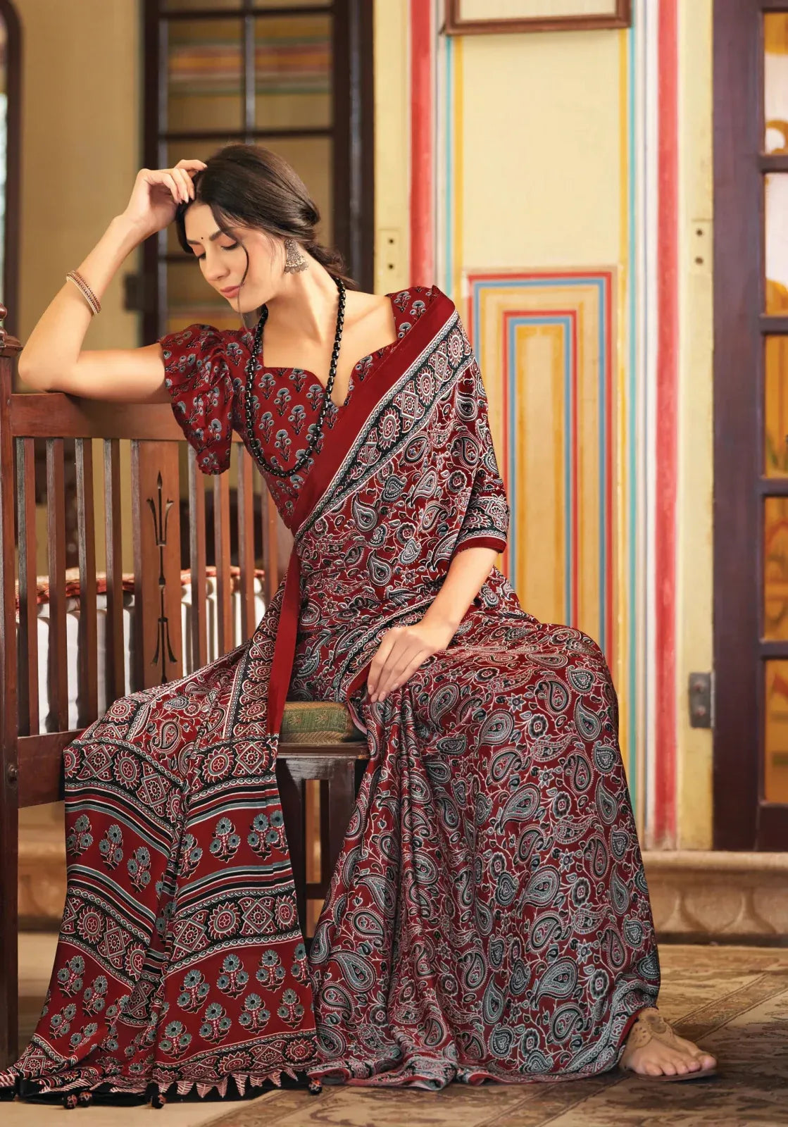 Dark Red New Ajrakh Printed Satin Crepe Saree