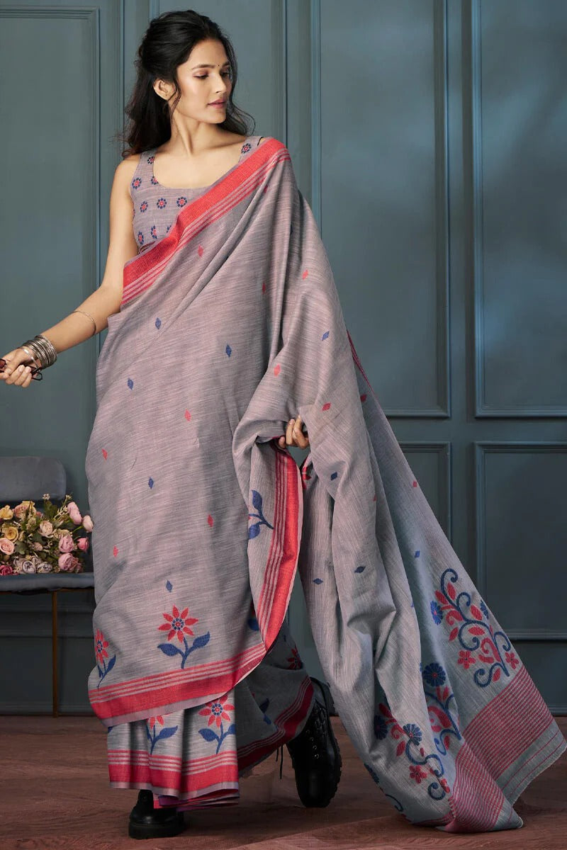Cloudy Grey Handloom Linen Saree With Fancy Blouse