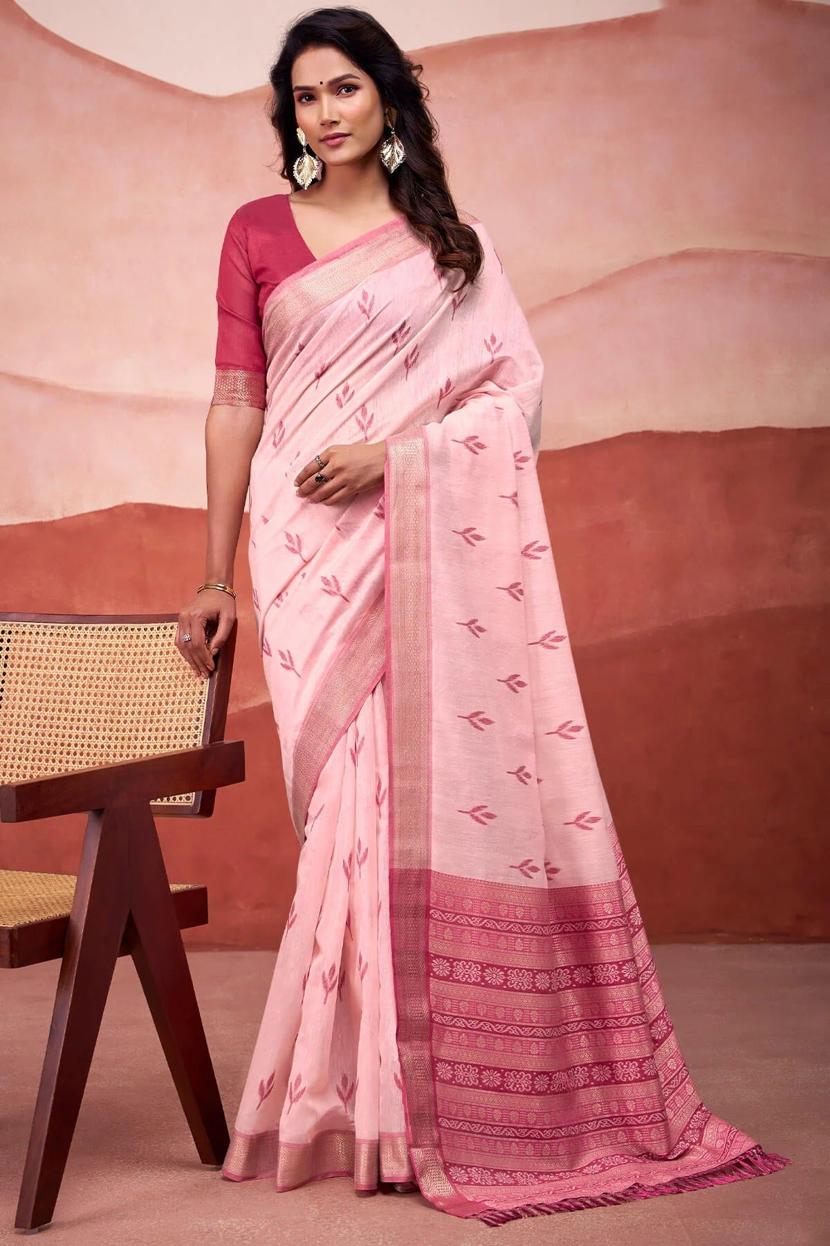 Lipstick Pink Woven Design Zari Pure Cotton Saree With Blouse