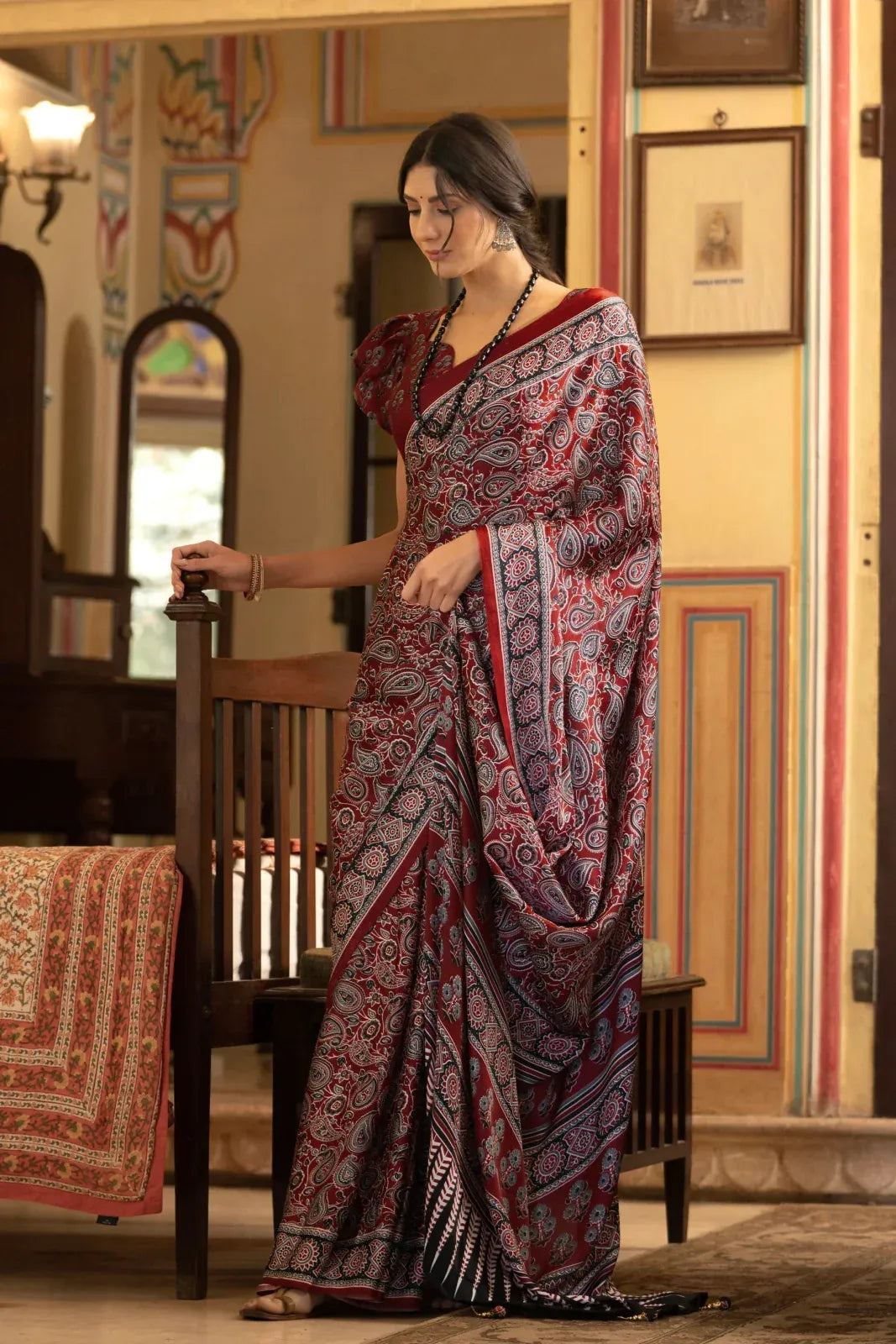 Dark Red New Ajrakh Printed Satin Crepe Saree