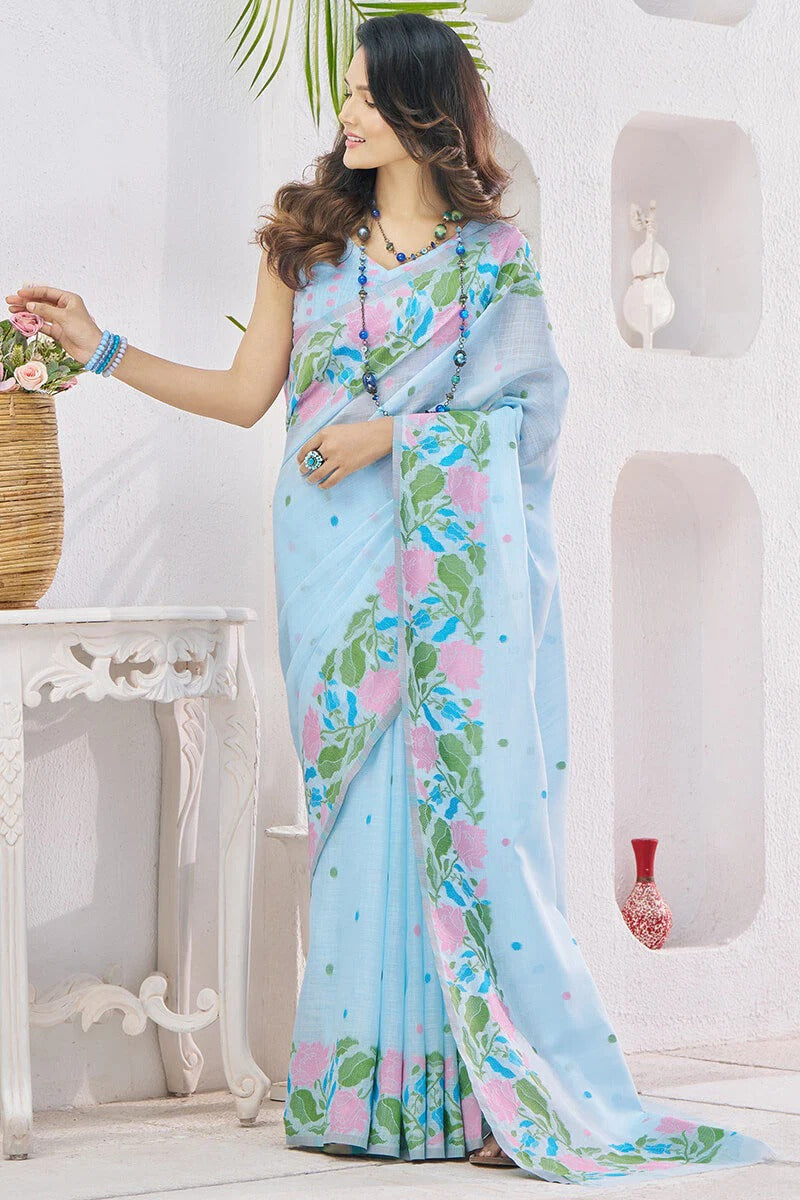 Sky Blue Pure Soft Linen Silk Printed Saree