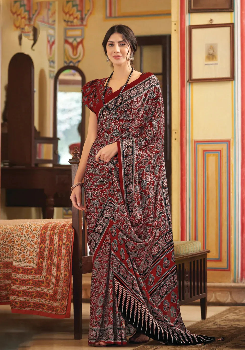 Dark Red New Ajrakh Printed Satin Crepe Saree