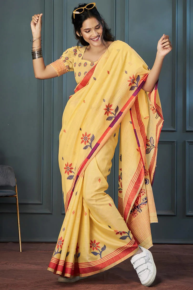 Sunflower Yellow Handloom Linen Saree With Fancy Blouse
