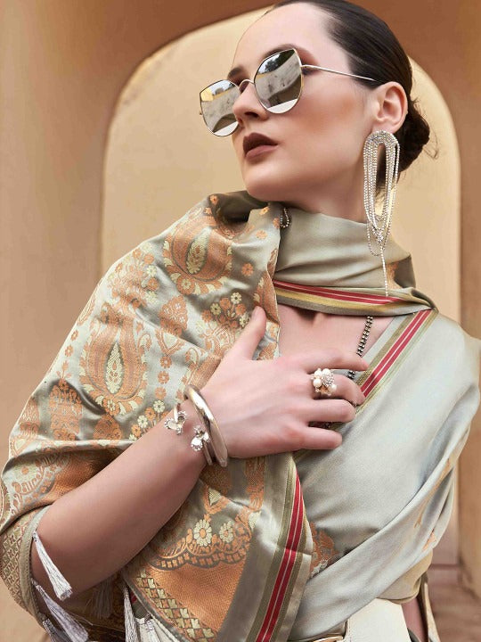 Stylish Grey Woven Satin Soft Silk Saree With Zari Weaving
