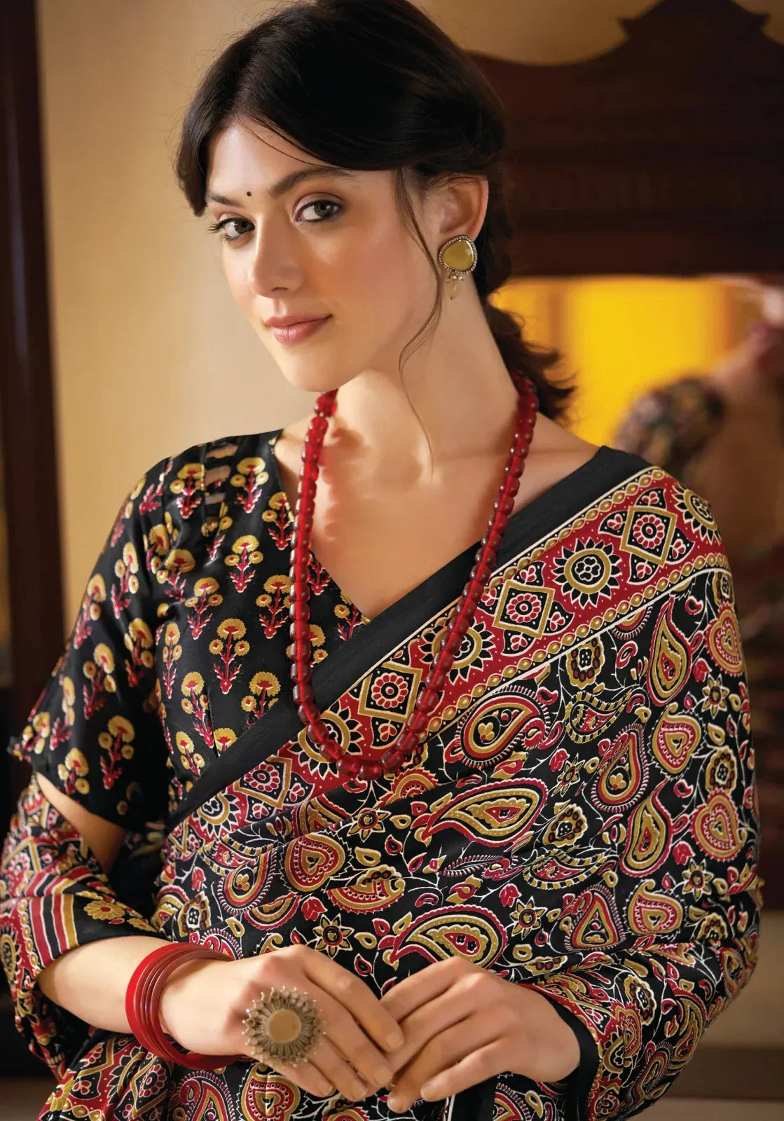 Full Black New Ajrakh Printed Satin Crepe Saree