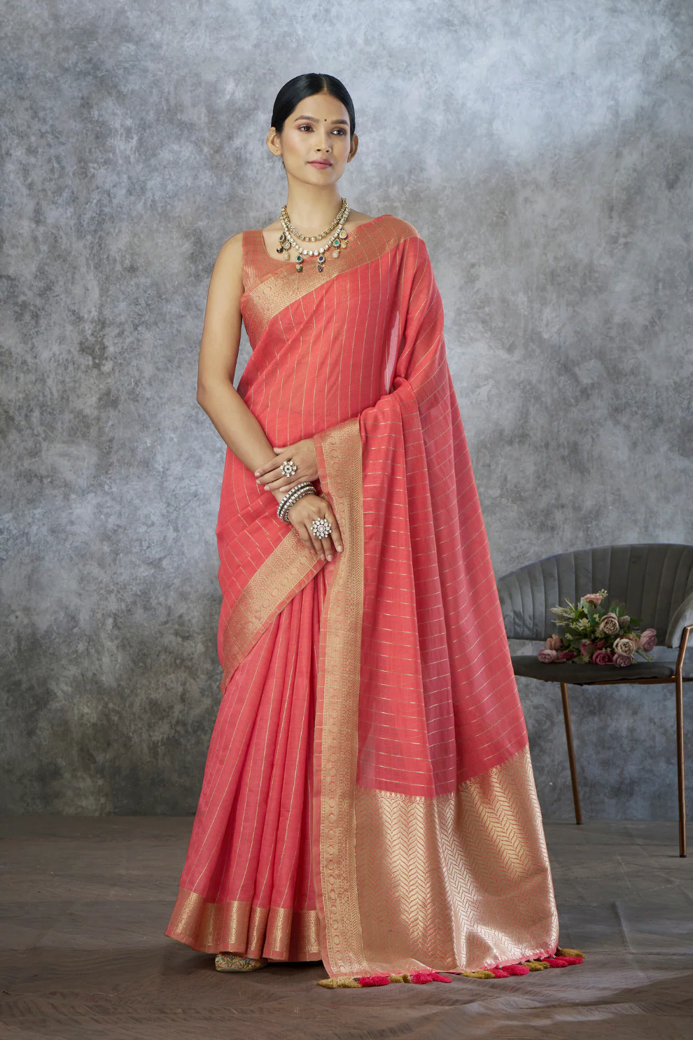 Rose Red Handloom Woven Linen Soft Silk Saree