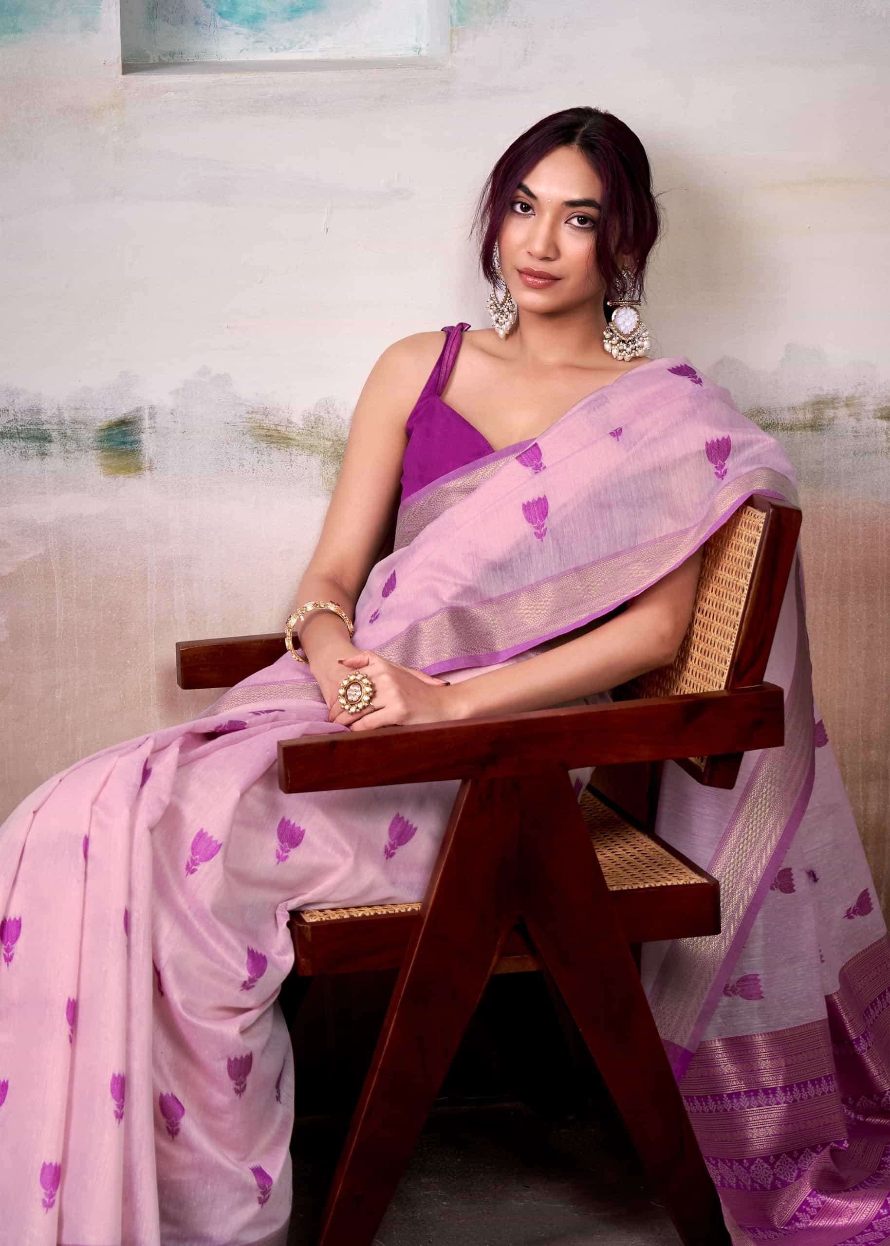 Tyrian Purple Woven Design Zari Pure Cotton Saree With Blouse