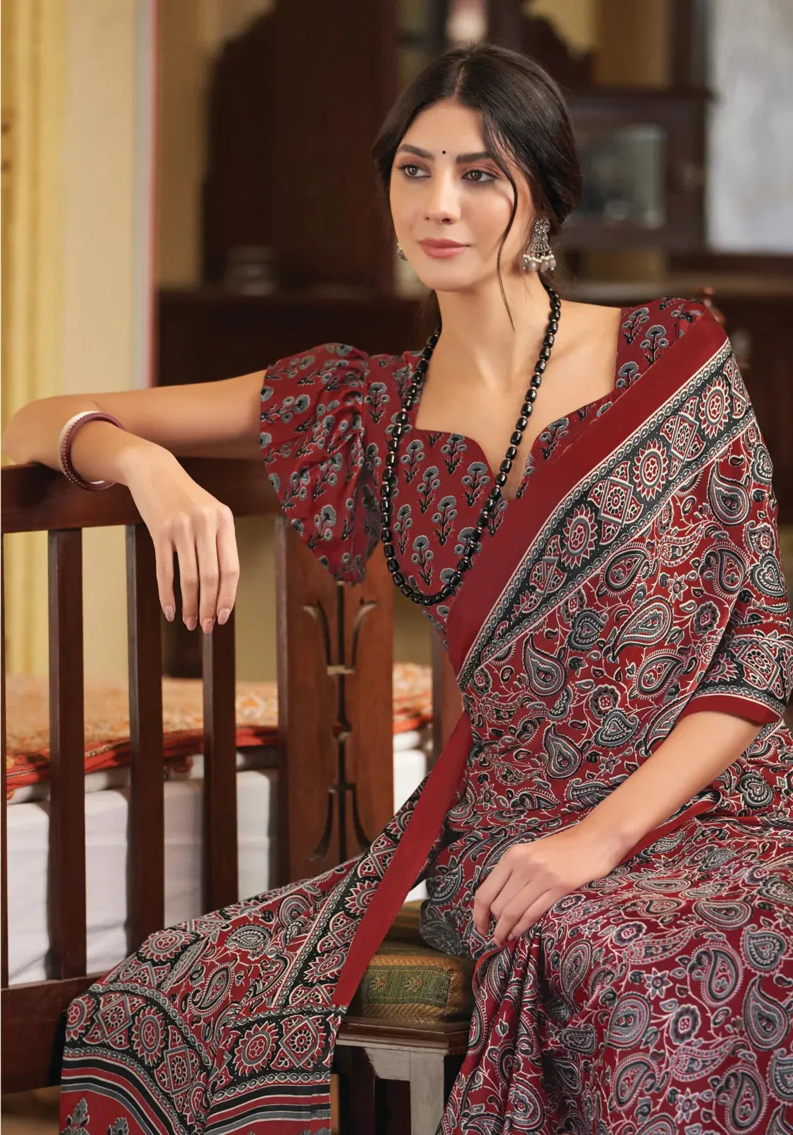 Dark Red New Ajrakh Printed Satin Crepe Saree
