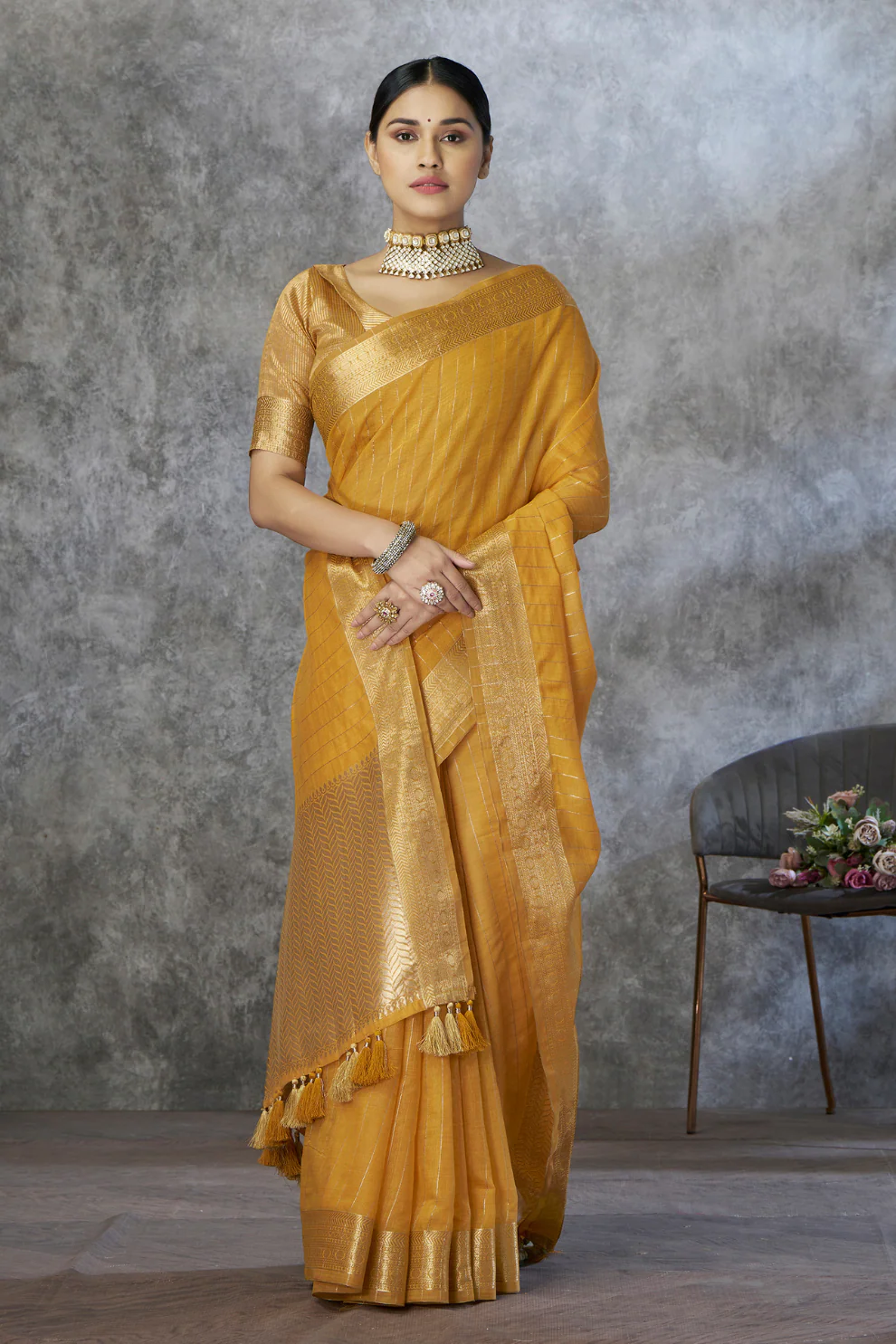 Musturd Handloom Woven Linen Soft Silk Saree