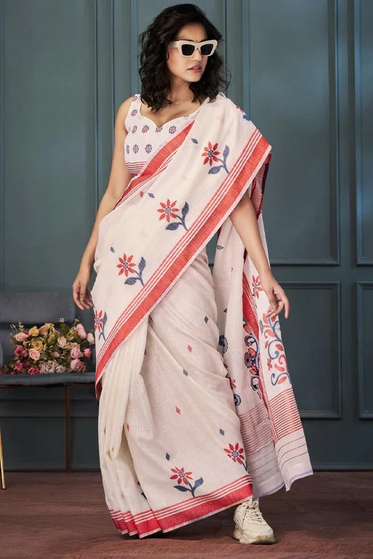 Snow White Handloom Linen Saree With Fancy Blouse