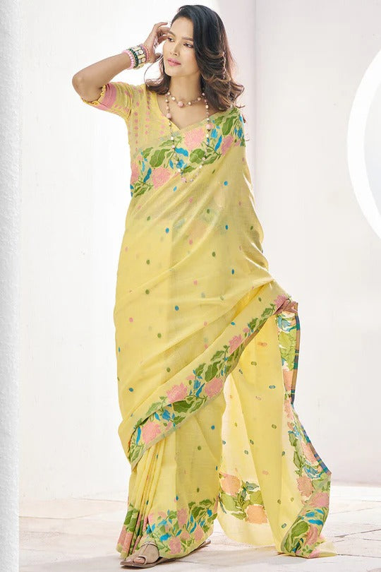 Light Yellow Pure Soft Linen Silk Printed Saree