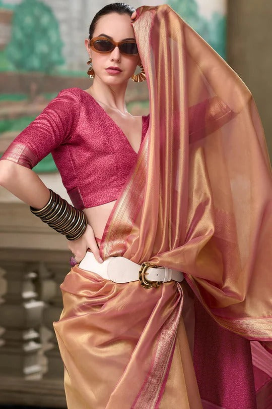 Rose Pink Handloom Tissue Soft Saree