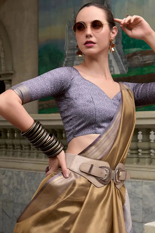 Gold With Purple Handloom Tissue Soft Saree