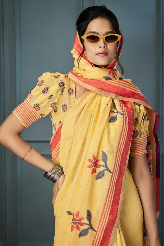 Sunflower Yellow Handloom Linen Saree With Fancy Blouse