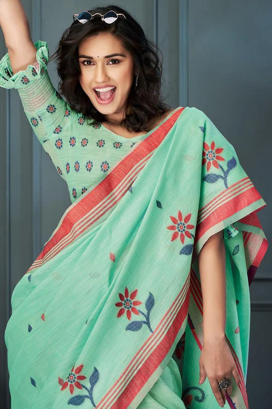 Light Green Handloom Linen Saree With Fancy Blouse