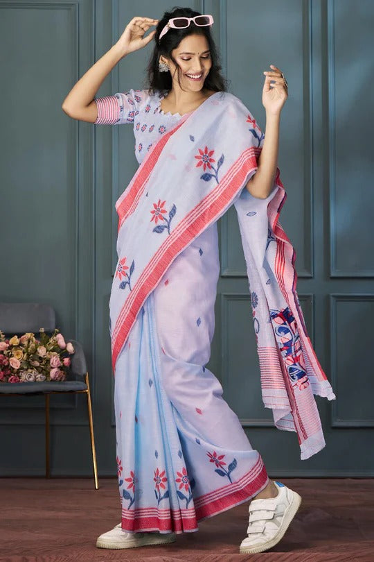 Light purple Handloom Linen Saree With Fancy Blouse