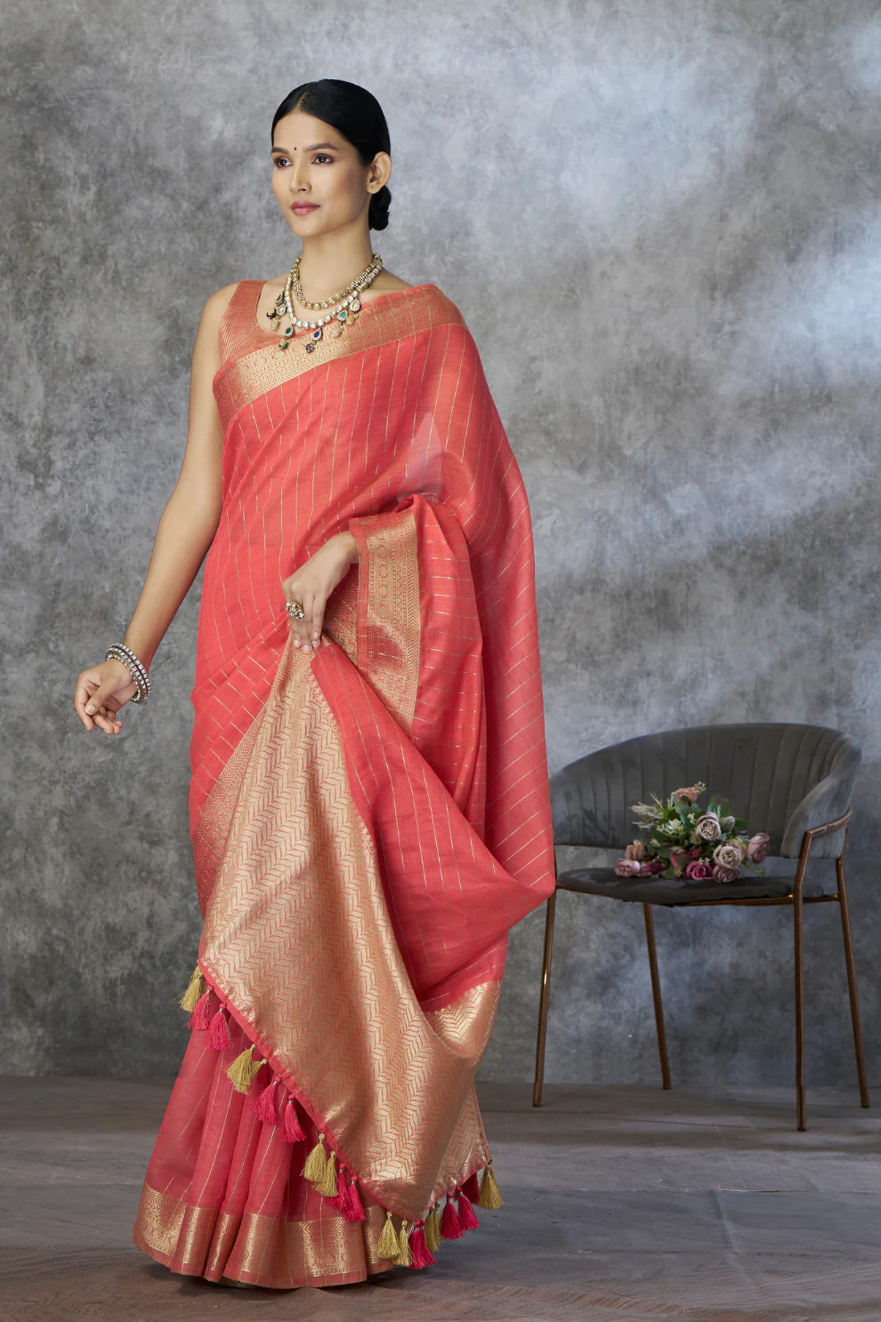 Rose Red Handloom Woven Linen Soft Silk Saree