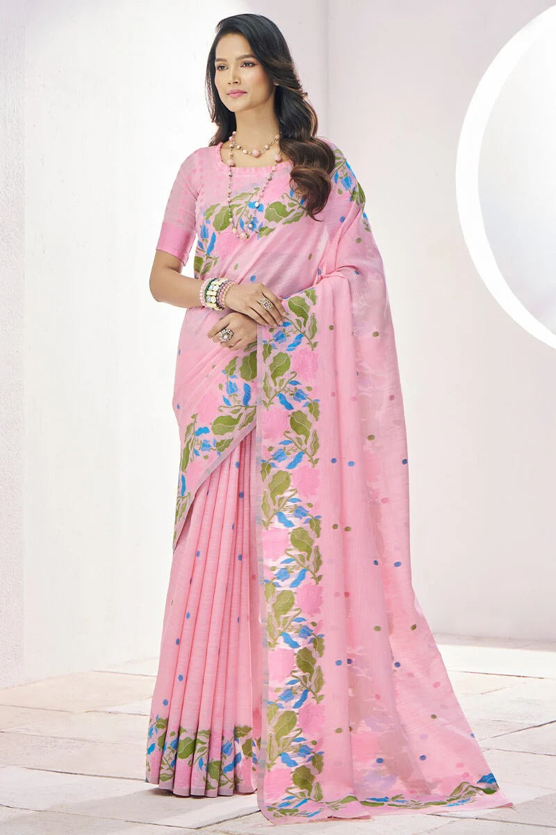 Lipstick Pink Pure Soft Linen Silk Printed Saree