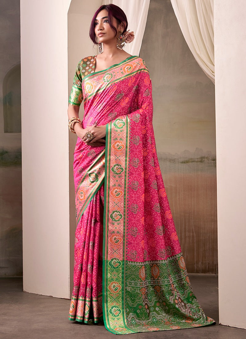 Dewberry Pink Patola Silk Saree With Weaving Border