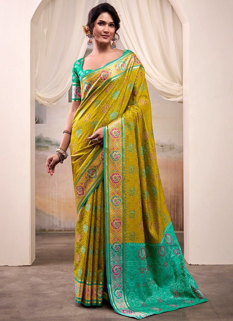 Lawn Green Patola Silk Saree With Weaving Border