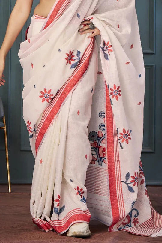 Snow White Handloom Linen Saree With Fancy Blouse