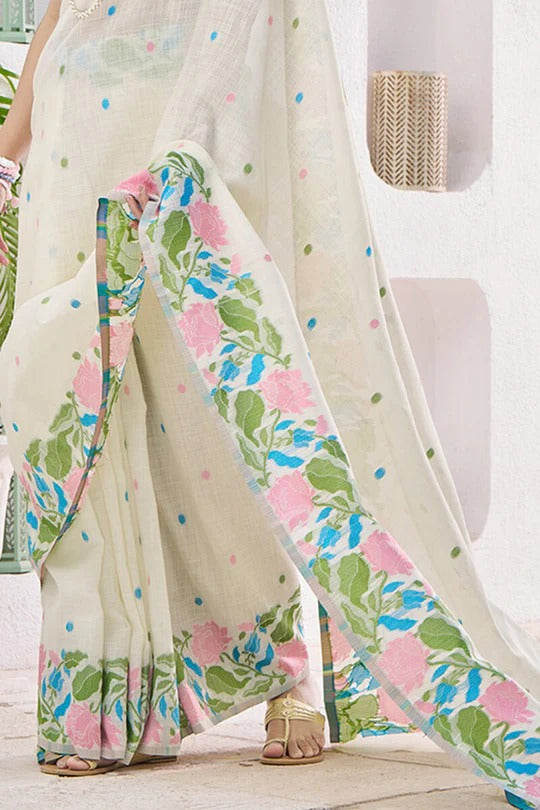Off White Pure Soft Linen Silk Printed Saree