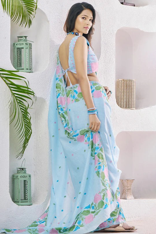 Sky Blue Pure Soft Linen Silk Printed Saree