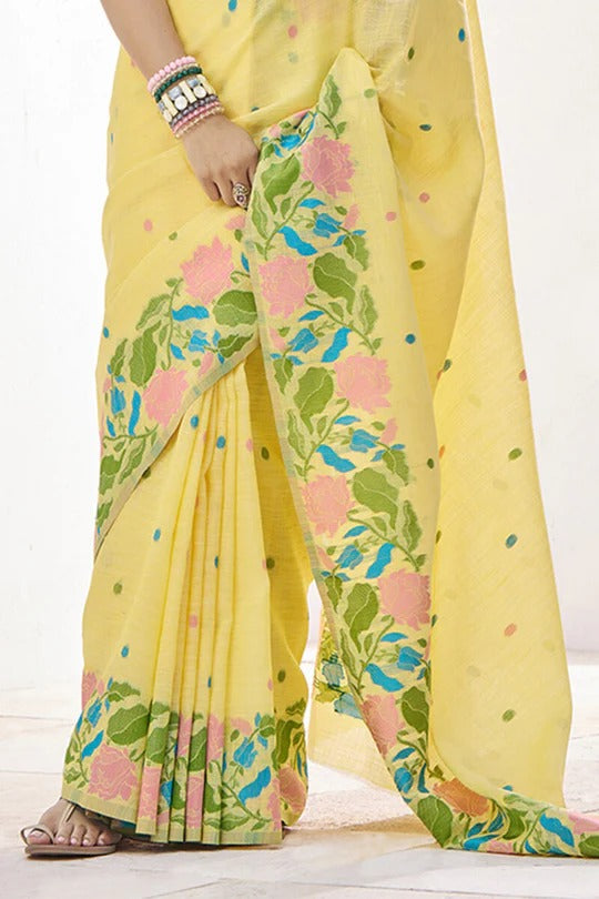 Light Yellow Pure Soft Linen Silk Printed Saree