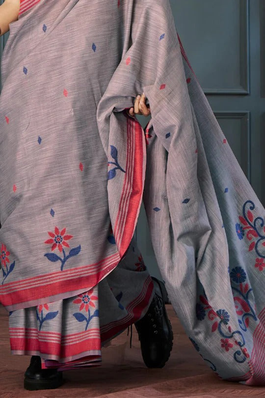 Cloudy Grey Handloom Linen Saree With Fancy Blouse