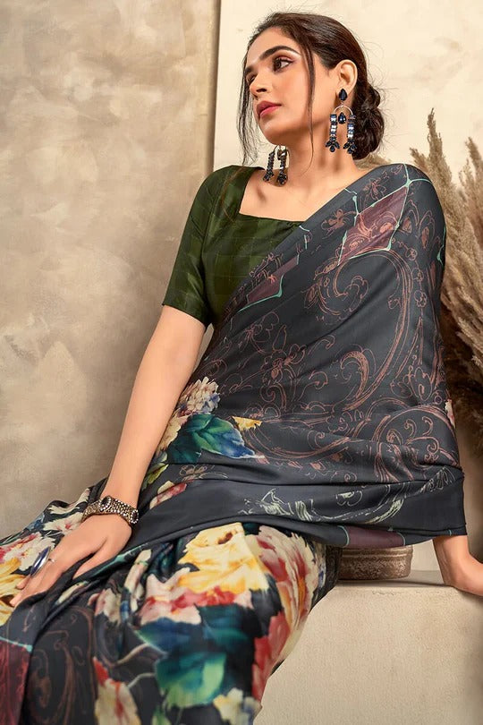 Stone Black Printed Crepe Satin Soft Silk Saree