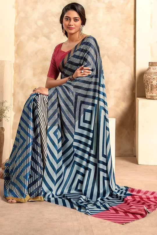 Vista Blue Printed Crepe Satin Soft Silk Saree