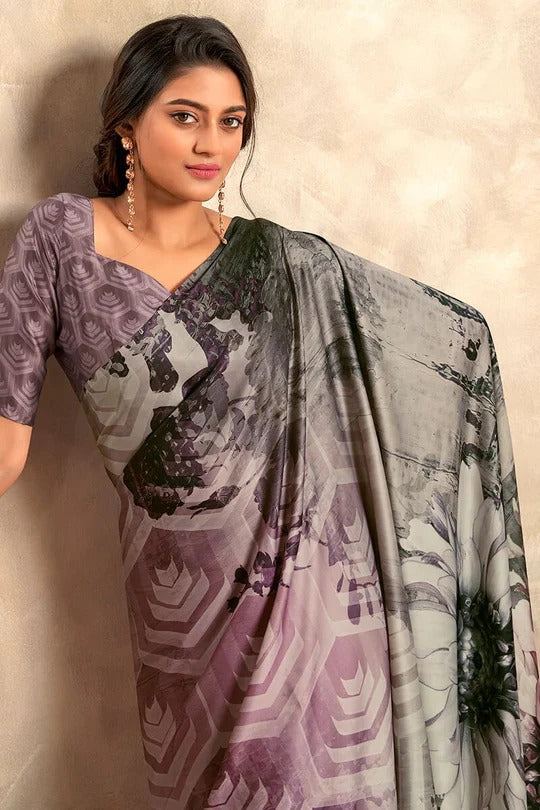 Cadet Grey Printed Crepe Satin Soft Silk Saree