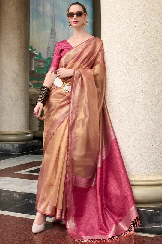 Rose Pink Handloom Tissue Soft Saree