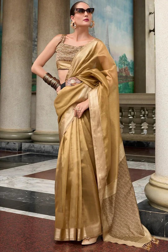 Metallic Golden Handloom Tissue Soft Saree