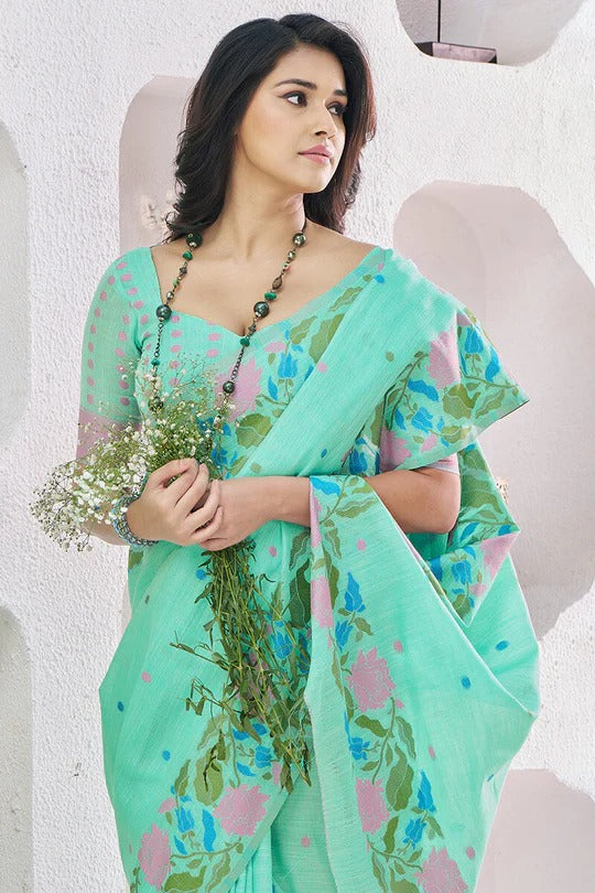 Warm Green Pure Soft Linen Silk Printed Saree