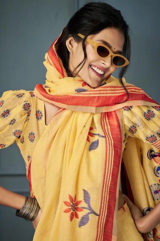 Sunflower Yellow Handloom Linen Saree With Fancy Blouse