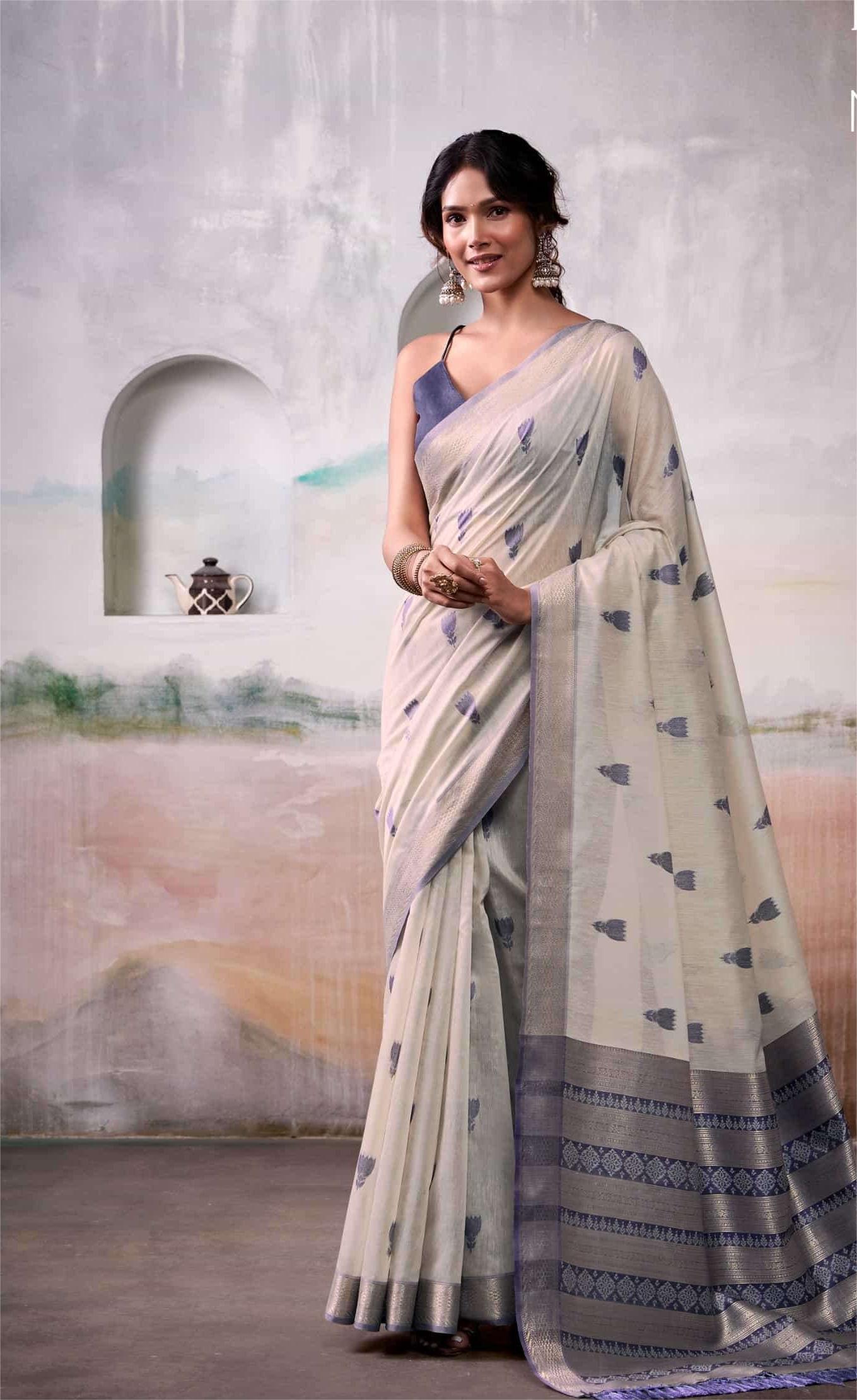 Silver Grey Woven Design Zari Pure Cotton Saree With Blouse