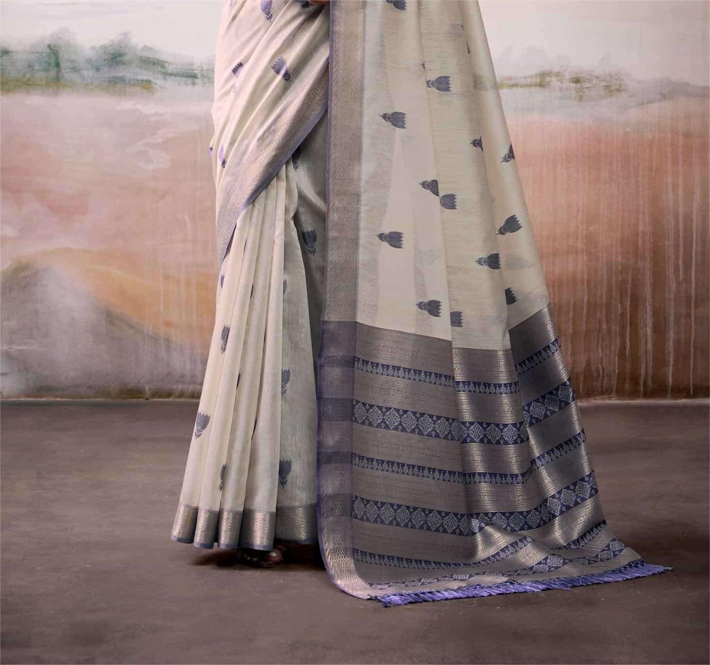Silver Grey Woven Design Zari Pure Cotton Saree With Blouse