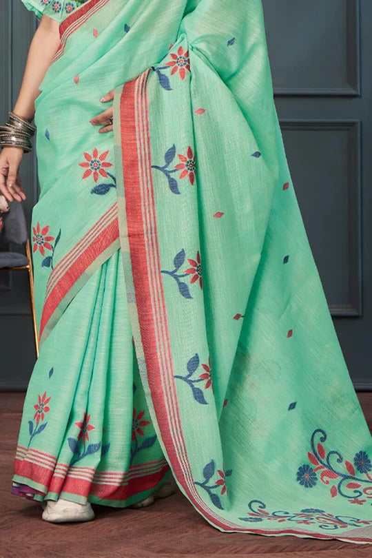 Light Green Handloom Linen Saree With Fancy Blouse