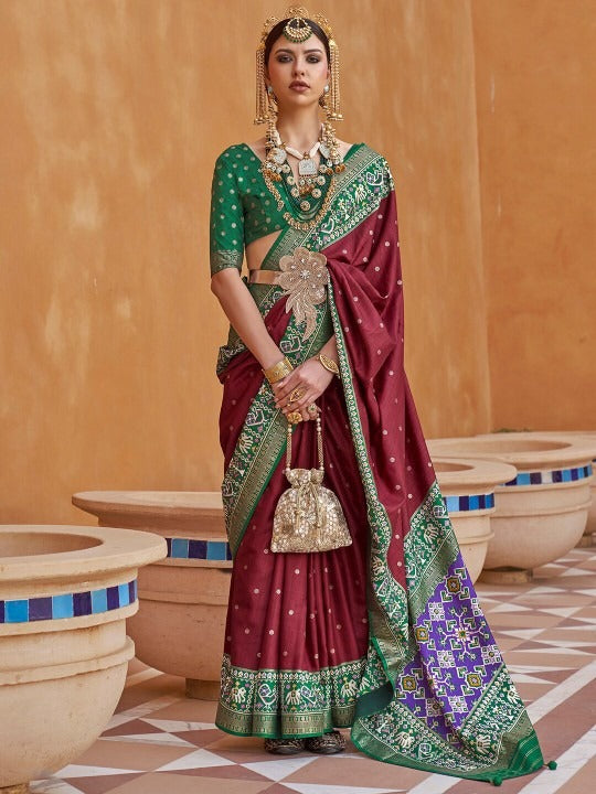 Maroon Printed Patola Handloom Soft Silk Saree