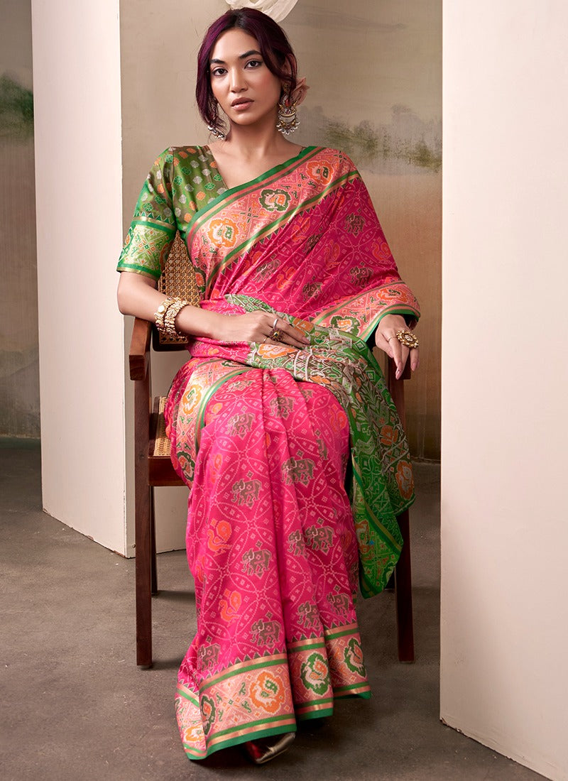 Dewberry Pink Patola Silk Saree With Weaving Border