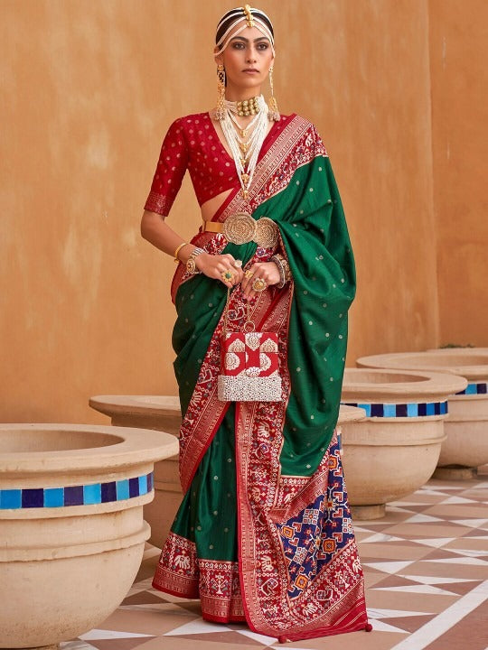 Green Printed Patola Handloom Soft Silk Saree
